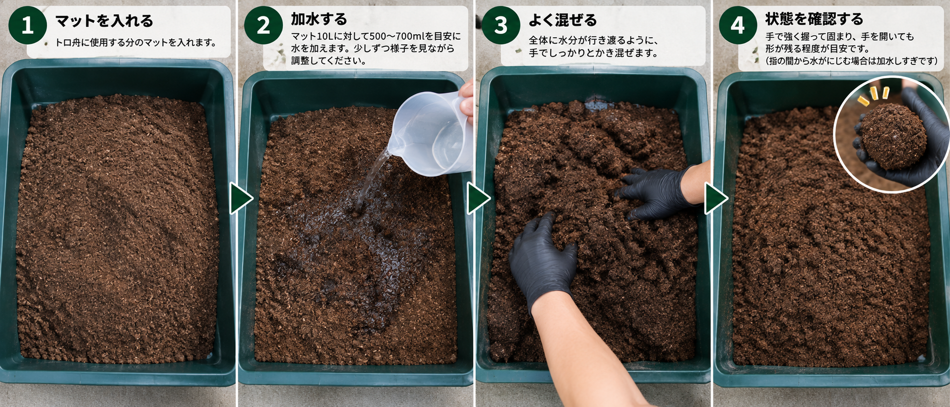 トロ舟にマットを入れ、加水して全体をかき混ぜる手順